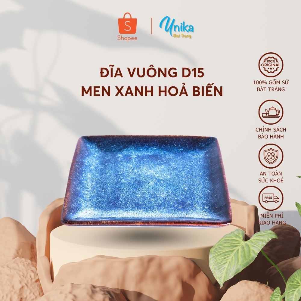 Đĩa Vuông D15 Men Xanh Hoả Biến - Khay Vuông D15 Men Xanh Hoả Biến