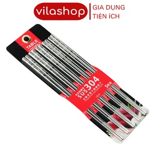 Đũa inox 304 hàn quốc cao cấp, 5 đôi đũa inox, thiết kế hoa văn nhám 2 đầu tạo ma sát rất dễ gắp đồ