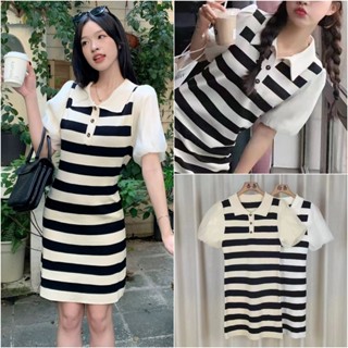 Váy polo Đầm body len nữ tay bồng kiểu kẻ ngang cổ bẻ len mongtoghi hàng dệt kim đẹp Quảng Châu cao cấp