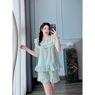 Bộ đồ nữ mặc nhà tay ngắn quần đùi kẻ ren viền tầng chất thô phối nhung mềm freesize 40-60kg - CHUN'S SLEEPWEAR