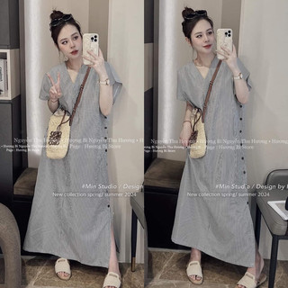 Váy xuông mềm mại tiểu thư [ Shop chỉ bán loại 1 ] sọc sơmi cúc gỗ