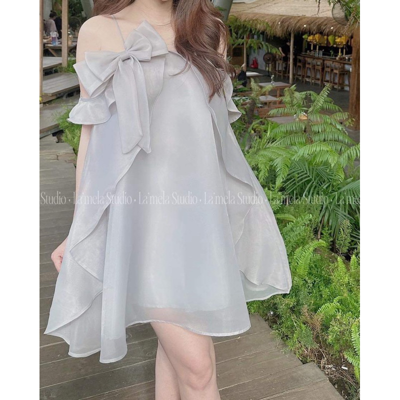 Đầm Hai Dây Thắt Nơ Ngực Bèo Cao Cấp