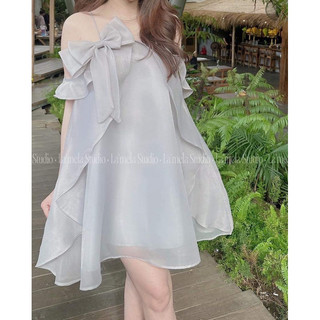 Đầm babydoll hai dây ghi xám thắt nơ ngực bèo cao cấp