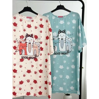 Váy lụa hàn cổ tròn TEA cao cấp freesize Mèo goodnight