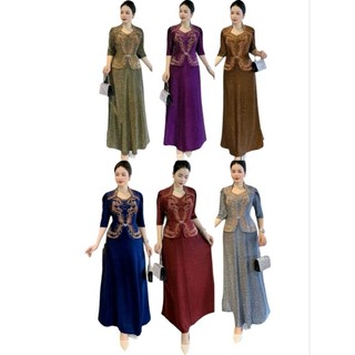 Đầm dạ hội trung niên sang trọng dài cho mẹ bigsize cao cấp cổ nữ hoàng họa tiết kết đá dáng vest giấu bụng 75kg