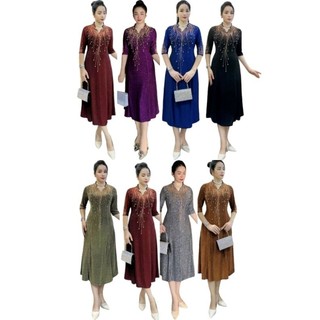 Đầm trung niên đi tiệc dáng midi nhũ mịn đính đá và ngọc size lớn 75kg, Đầm midi trung niên nhũ đính ngọc bigsize