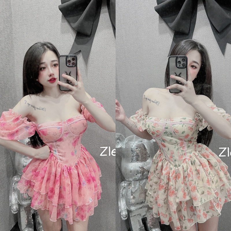 Váy Tơ Hoa Cúp Ngực Viền