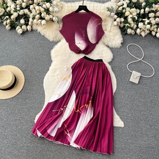 #4824 [Order] Set thời trang nữ Quảng Châu gồm áo + chân váy xếp ly họa tiết nhiều màu siêu xinh