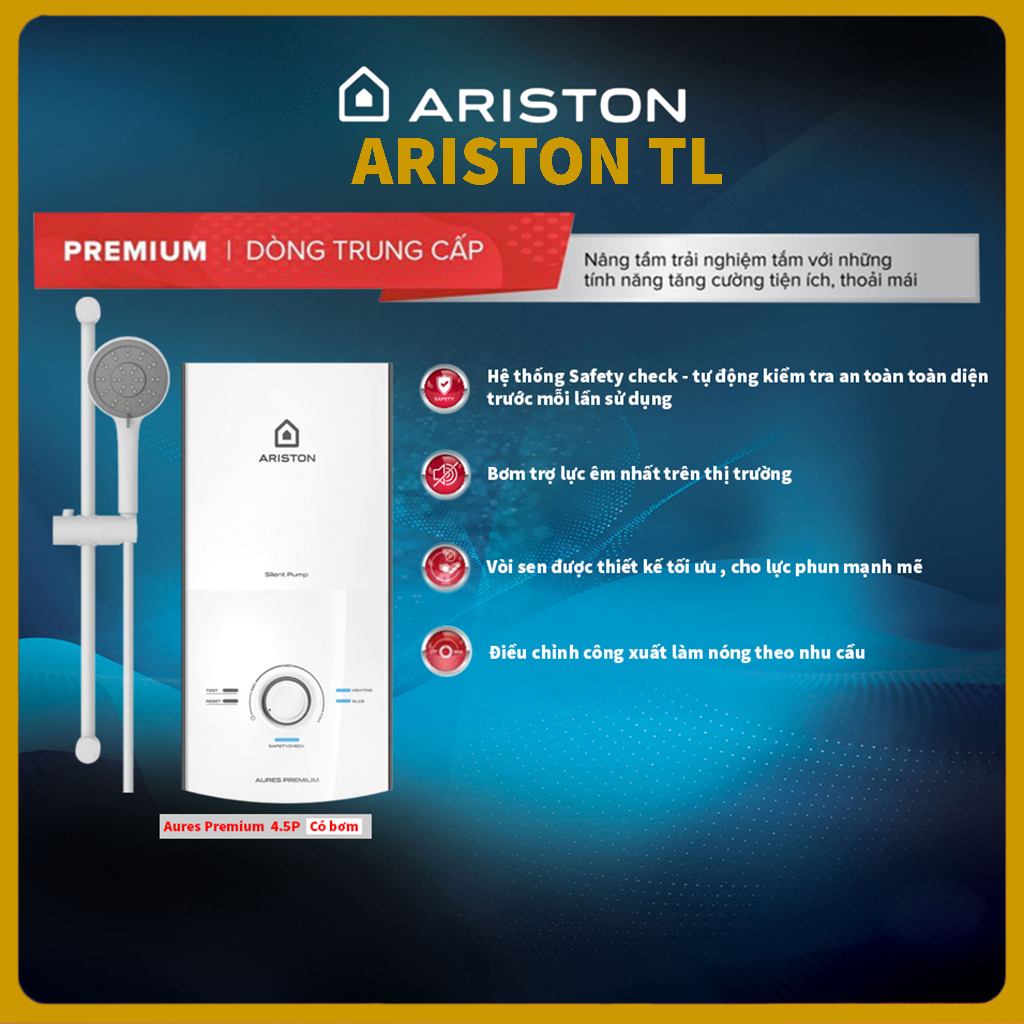 Máy Nước Nóng Trực Tiếp  Ariston AURES PREMIUM 4.5P ( Có bơm ) - Hàng chính hãng
