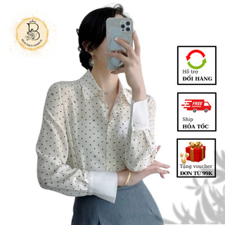 Áo sơ mi lụa nữ cổ đức tay dài in họa tiết chấm bi thời trang công sở A238