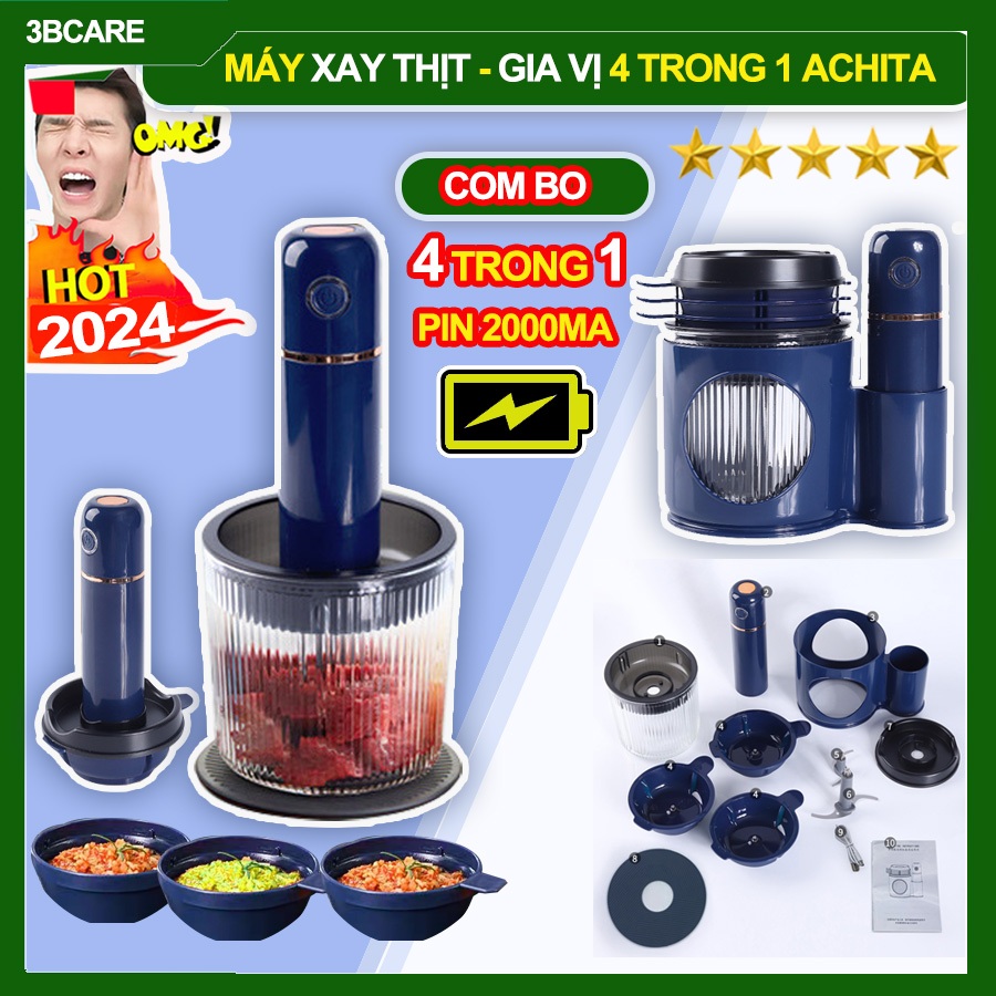 Máy xay đa năng Achita S12 trang bị 4 cối riêng xay tiện lợi kiêm máy xay thịt , máy xay ăn dặm cho bé bảo hành 3 tháng