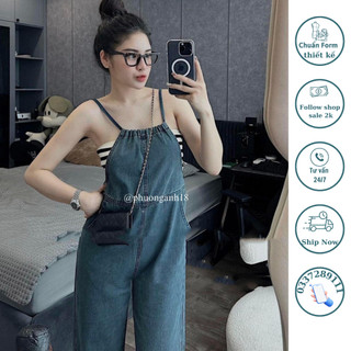Set Yếm Jean Quần Dài Rút Dây Kèm Áo Quây Kẻ Ngang Yếm Quần Denim 2 Dây hàng qccc