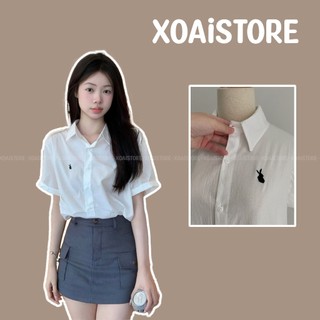 Áo sơ mi cộc tay nữ thêu thỏ chất đũi hàn mát , áo sơ mi nữ phong cách hàn quốc siêu xinh Xoaistore