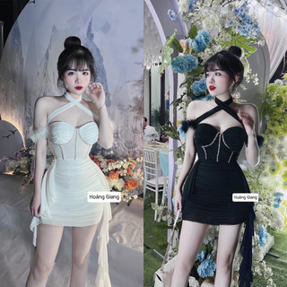 Váy Body Tay Lông  Phối Đá Sang Chảnh