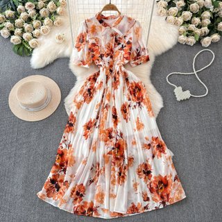 #4829 [Order] Đầm tay ngắn Quảng Châu họa tiết xếp ly chun eo họa tiết có lót trong siêu xinh 5 màu