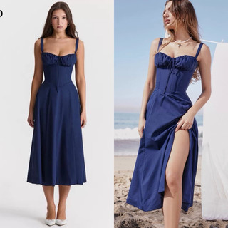 Đầm midi 2 dây xanh denim nhún rút ngực xẻ đùi (Đi biển, vintage, sexy)