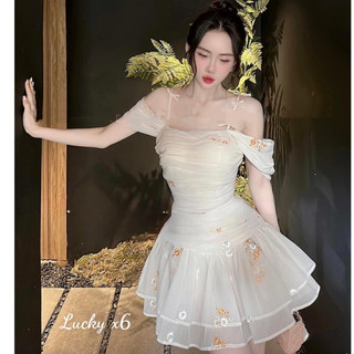 Váy Dự Tiệc,Váy Tiểu Thư Chất Liệu Tơ Hoa Đính Nơ Kiểu Dáng Bồng Xòe Xinh Sang Phù Hợp Đi Chơi Đi Tiệc