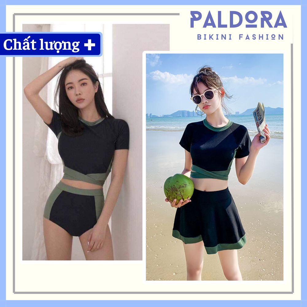 Bikini 2 mảnh đồ bơi đi biển nữ áo croptop tay cọc váy xòe và quần cạp cao kín đáo PALDORA045