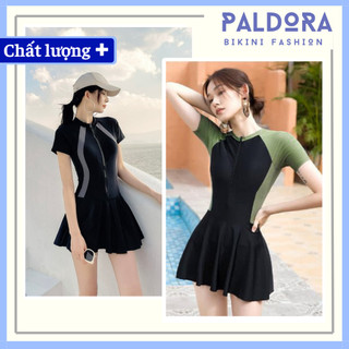 Đồ bơi nữ bikini liền thân váy xòe đi biển áo tay cọc cổ tròn kín đáo dễ thương có khóa kéo PALDORA084