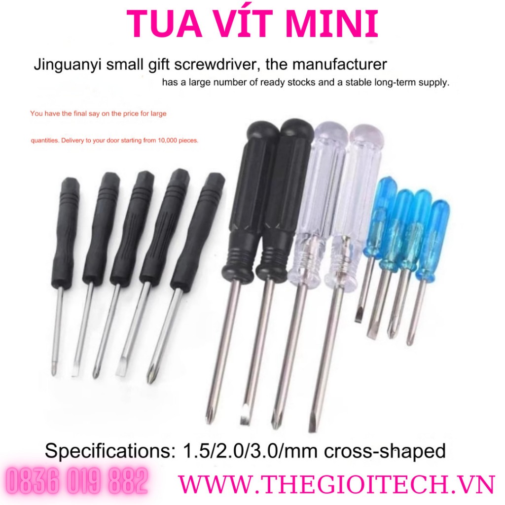 COMBO 10 Tua vít mini đầu dẹp 2 chấu & đầu dấu cộng 4 chấu, tuốc nơ vít nhỏ gọn các loại đầu bake, dẹp 1.5 2.0 2.5 3.0mm - BỘ 6 CÂY 6 LOẠI