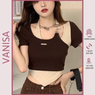Áo croptop tay ngắn kiểu phối màu chéo nâu đen VANISA CT024