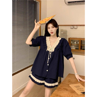 Bộ ngủ cộc tay cổ V chất thô mềm