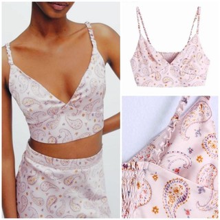 [HÀNG MỸ] Áo croptop ZARA lụa satin dây dúng lưng thun cổ V họa tiết paisley hồng pastel
