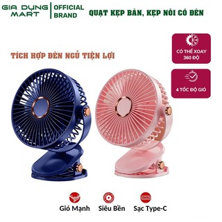 Quạt Kẹp Bàn Mini Tích Điện Dung Lượng 10.000mAh, 5 Chế Độ Gió, Quạt Tích Điện Xoay 360 Kèm Đèn Ngủ & Pin sạc Tiện Lợi