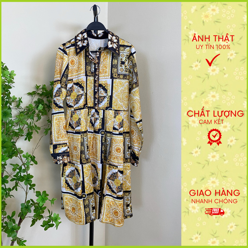 Váy lụa họa tiết baroque vàng đen