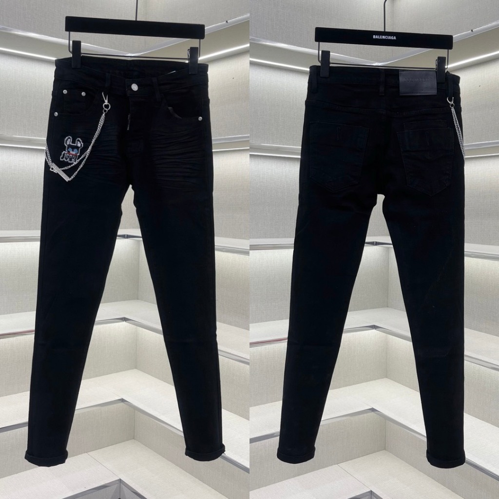 Quần jean bò nam DSQ slimfit đen trơn dập nhăn 3D đùi thêu chú chó Pitbull ICON phối dây xích bạc QJ523P