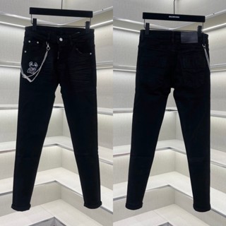 Quần jean bò nam DSQ slimfit đen trơn dập nhăn 3D đùi thêu chú chó Pitbull ICON phối dây xích bạc QJ523P