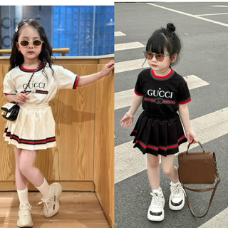 Váy bé gái, set áo cotton viền Gu xì kèm chân váy xếp ly sang chảnh cho bé 10-30kg
