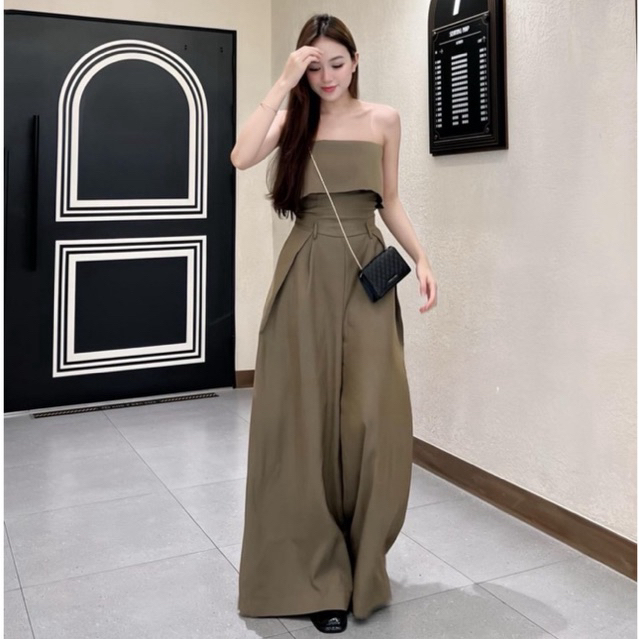 [Ảnh thật chính chủ] Jumpsuit quây cup ngực chiết eo phối quần ống rộng tôn dáng phong cách trẻ trung sang trọng
