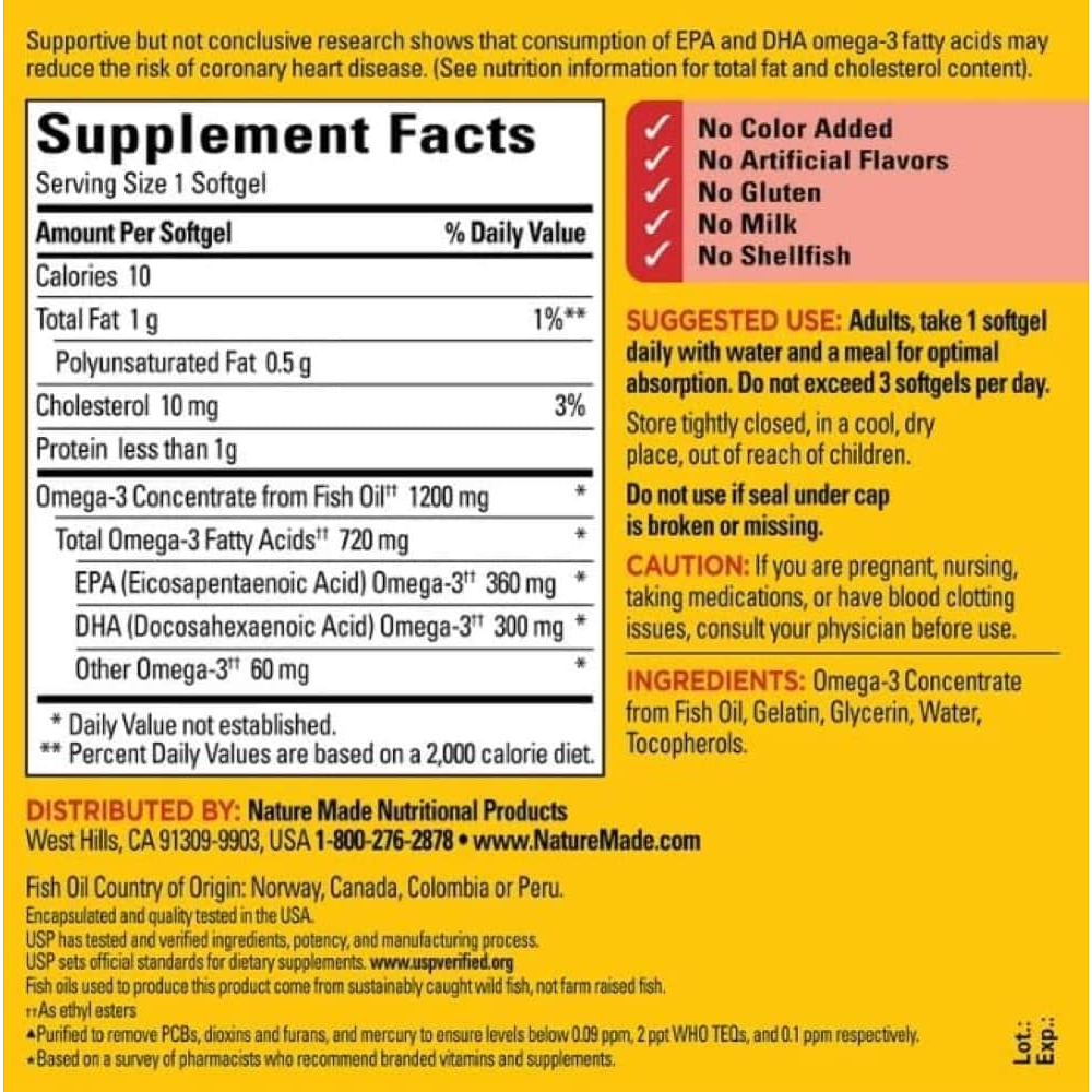 Dầu cá Nature Made Fish Oil 1000mg  250 hỗ trợ tim mạch, huyết áp trí não  Extate Official Mall