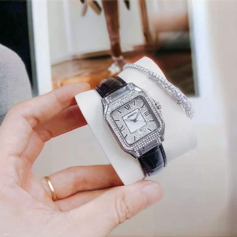 [Chính Hãng 100%] Đồng Hồ Nữ Chính Hãng Jenoti 3766 Mặt Vuông Siz 34mm  Máy Quartz (Pin) Dây Da Đen 