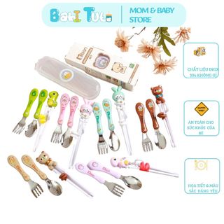 Set 3 món thìa dĩa đũa tập ăn dặm cho bé kèm hộp đựng, set 3 món tìa dĩa đũa nhiều hình thù đáng yêu cho bé