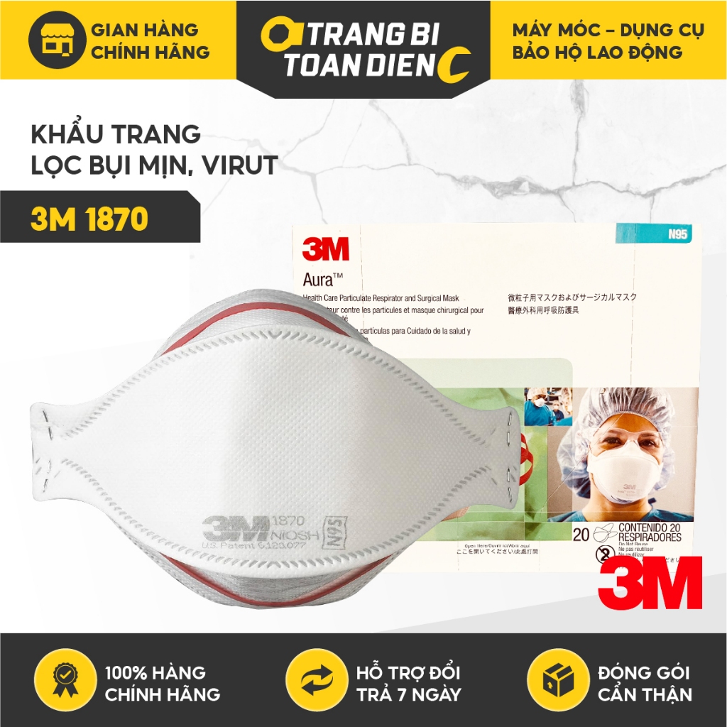 Khẩu trang 3M 1870 chính hãng đạt chuẩn N95 FDA  dây đeo qua gáy kháng khuẩn bụi mịn dùng trong y tế, Trang bị toàn diện