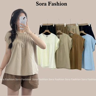 Set Áo Kiểu Xếp Li Kèm Quần Sooc Sora Fashion,Set Áo Cổ Tròn Mix Quần Đùi Chất Liệu Thô Mềm FreeSize 140