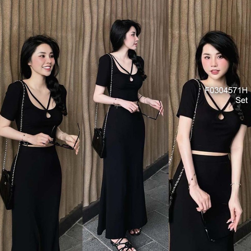 SET ĐEN CRT KIỂU DÂY PHỐI CỔ CHÂN VÁY DÀI