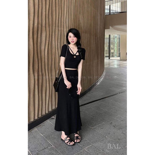 SET ĐEN CRT KIỂU DÂY PHỐI CỔ CHÂN VÁY DÀI