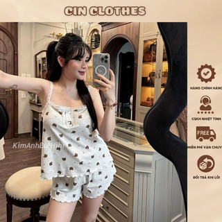 Set bộ đồ nữ áo 2 dây viền ren in hình gấu quần sooc đùi ống vát siêu xinh - có sẵn