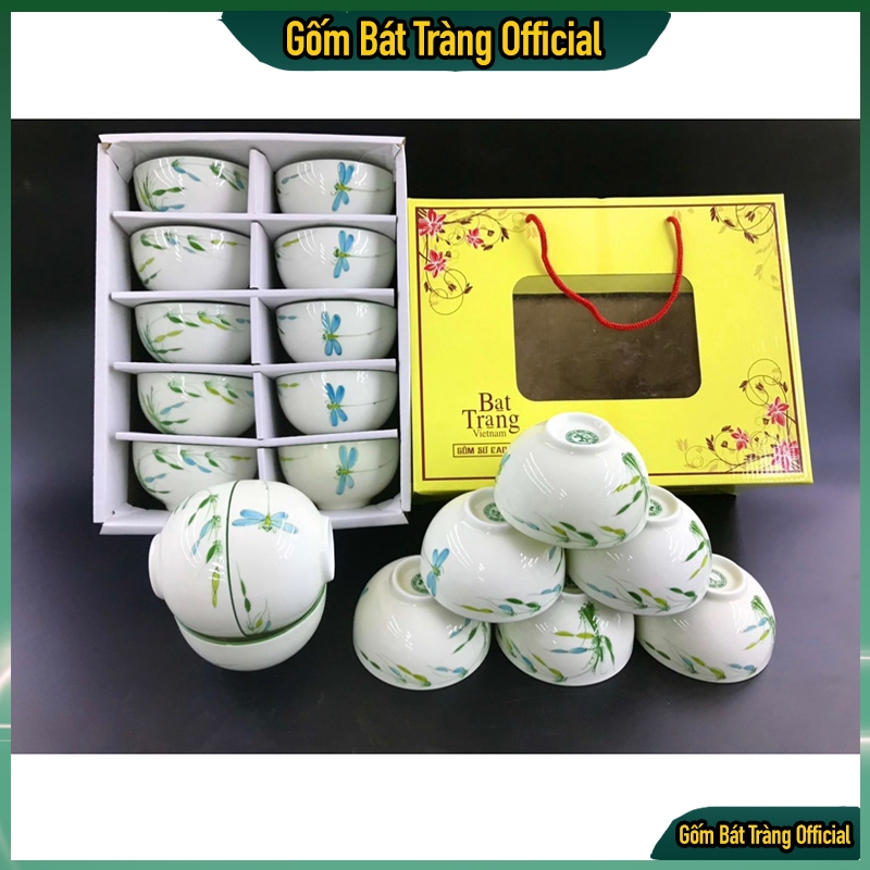 Set 10 Bát Cơm Bát Tràng Cao Cấp hàng Loại I - Bộ Bát Ăn Cơm Vẽ Trúc Chuồn - Chén ăn cơm Bát Tràng