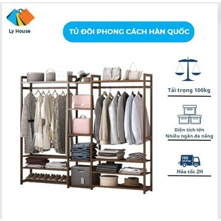 Giàn Treo Quần Áo, Tủ Đôi Phong Cách Hàn Quốc Có Nhiều Ngăn Bằng Tre Dẻo Dai Chắc Chắn Chịu Lực Tốt