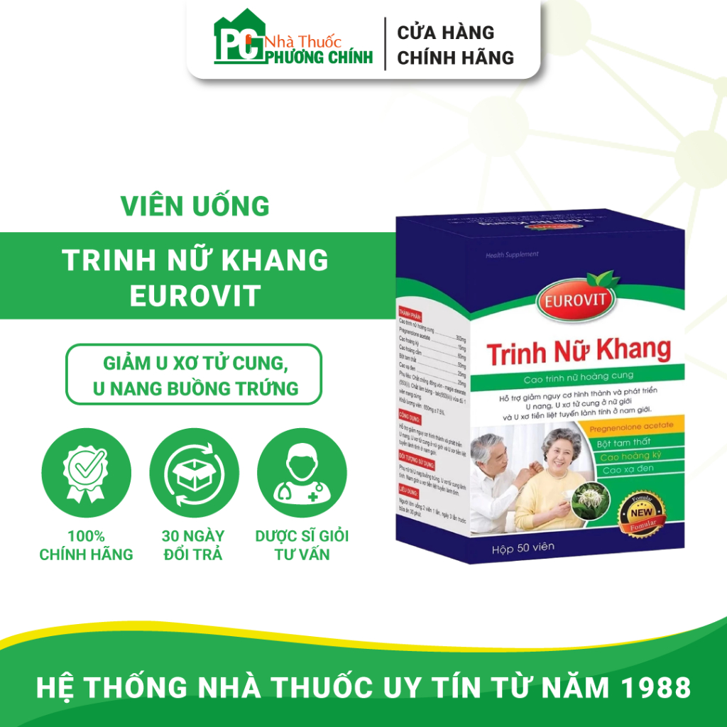 Viên Uống Hỗ Trợ Giảm U Xơ Tử Cung, U Nang Buồng Trứng Trinh Nữ Khang Eurovit (Hộp 50 Viên)