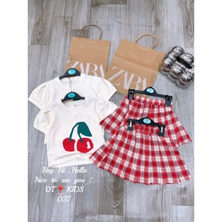 Set áo cherry cv kẻ đỏ bé gái
