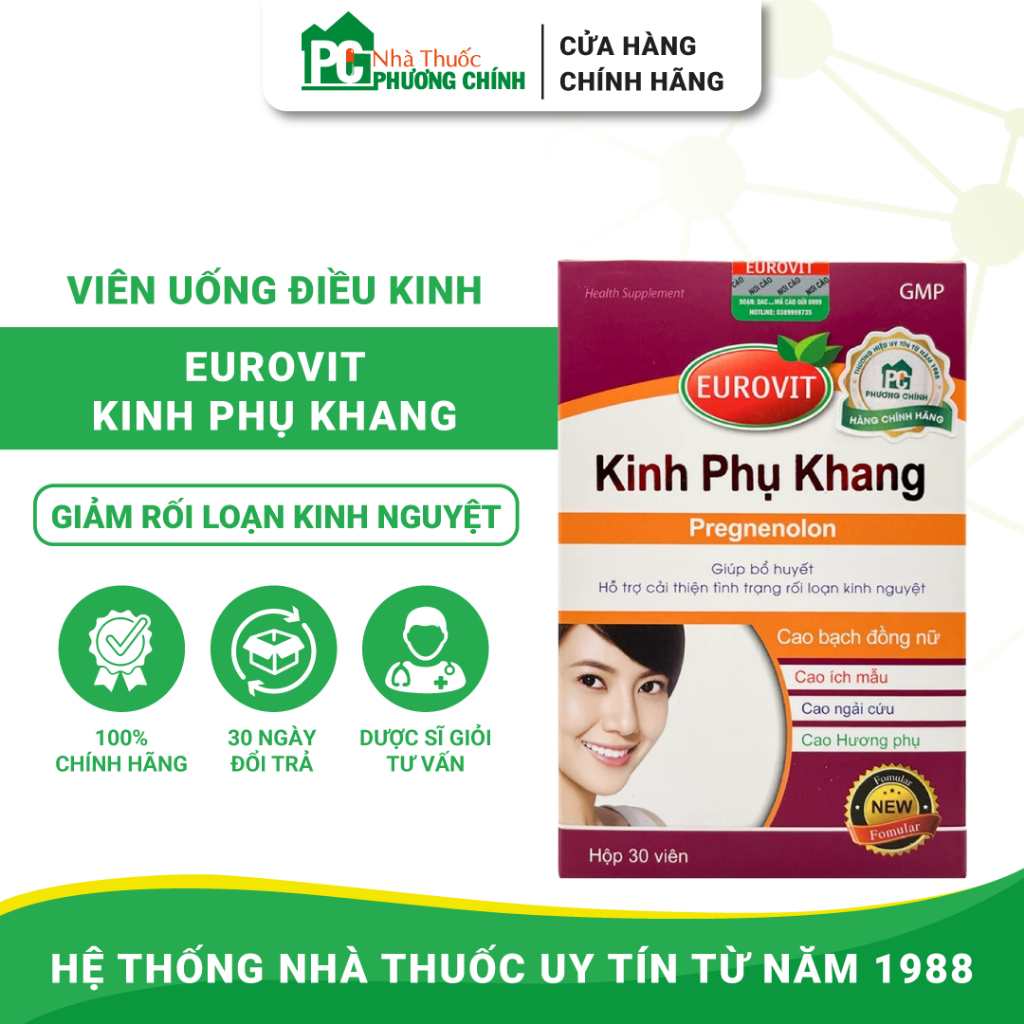 Viên Uống Kinh Phụ Khang Eurovit Giúp Bổ Huyết, Giảm Rối Loạn Kinh Nguyệt, Đau Bụng Kinh (Hộp 30 Viê