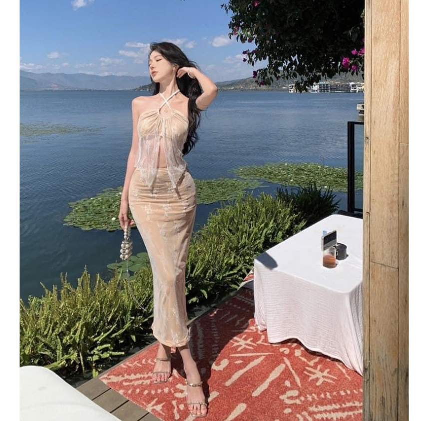 Set áo và váy phối ren xuyên thấu đi biển, đầm ren bikini dáng dài ôm body quyến rũ