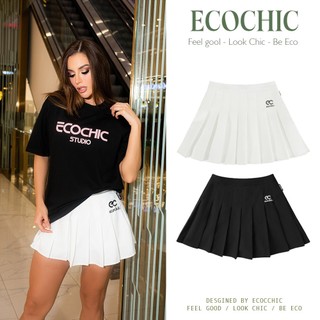 Chân Váy Xếp Li Dáng Xoè Ngắn ECOCHIC Logo Basic Thêu Vải Polyester Cao Cấp Đen Trắng F204