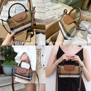Túi quai xách cúc nâu hoạ tiết kẻ BBR NÂU siêu xinh size 16cm