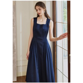 Đầm cổ vuông xếp xoè không tay màu xanh đen